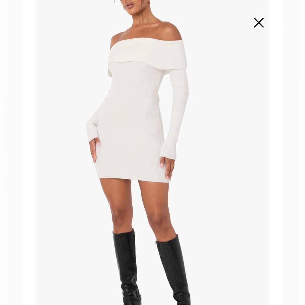 Edikted Emma Long Sleeve Off the Shoulder Minidress White Knit
